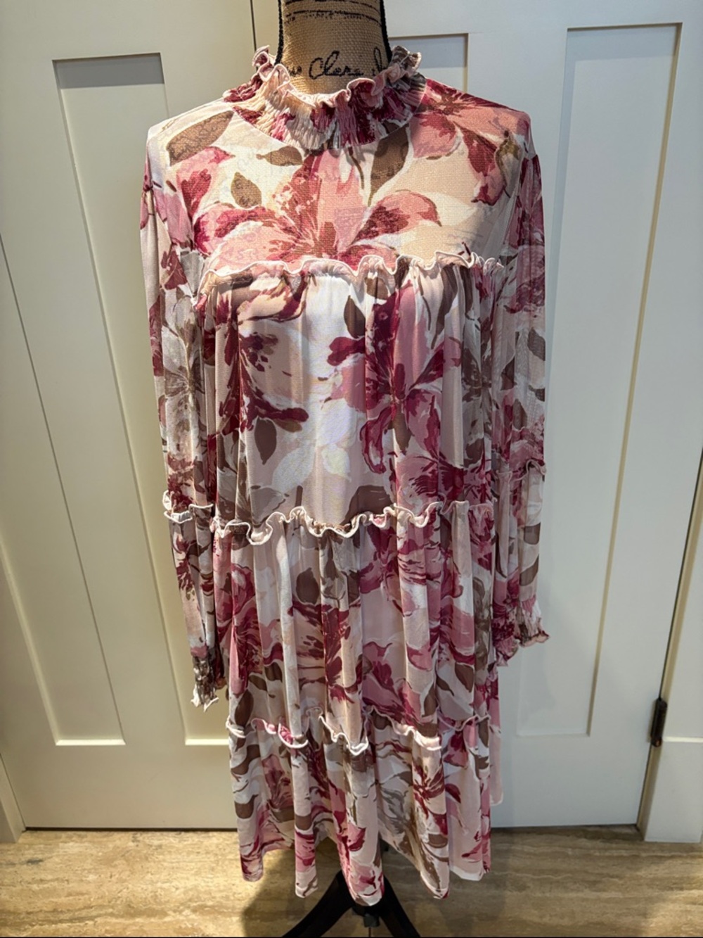 Pink & Cream Floral Ruffle Tiered Dress